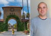 Kollage. Till vänster Stanford Universitys ikoniska entré, till höger ett porträtt på Peter kelly.
